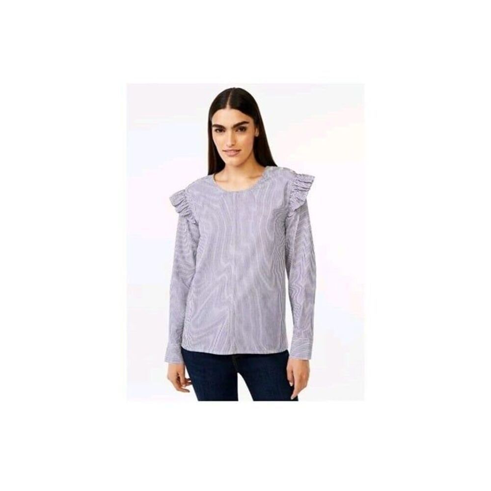 EUC Sz L Ruffle Long Sleeve Blue White Striped Blouse Top